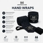 Wani Muscle Gear boxing hand wraps wholesale infographic showing premium stretch fabric, secure thumb loop, moisture-wicking material, hook and loop closure, and reinforced stitching