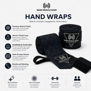 Wholesale Boxing Hand Wraps – Custom Mexican Style Hand Wraps | Wani Wear Wani Muscle Gear boxing hand wraps wholesale infographic showing premium stretch fabric, secure thumb loop, moisture-wicking material, hook and loop closure, and reinforced stitching