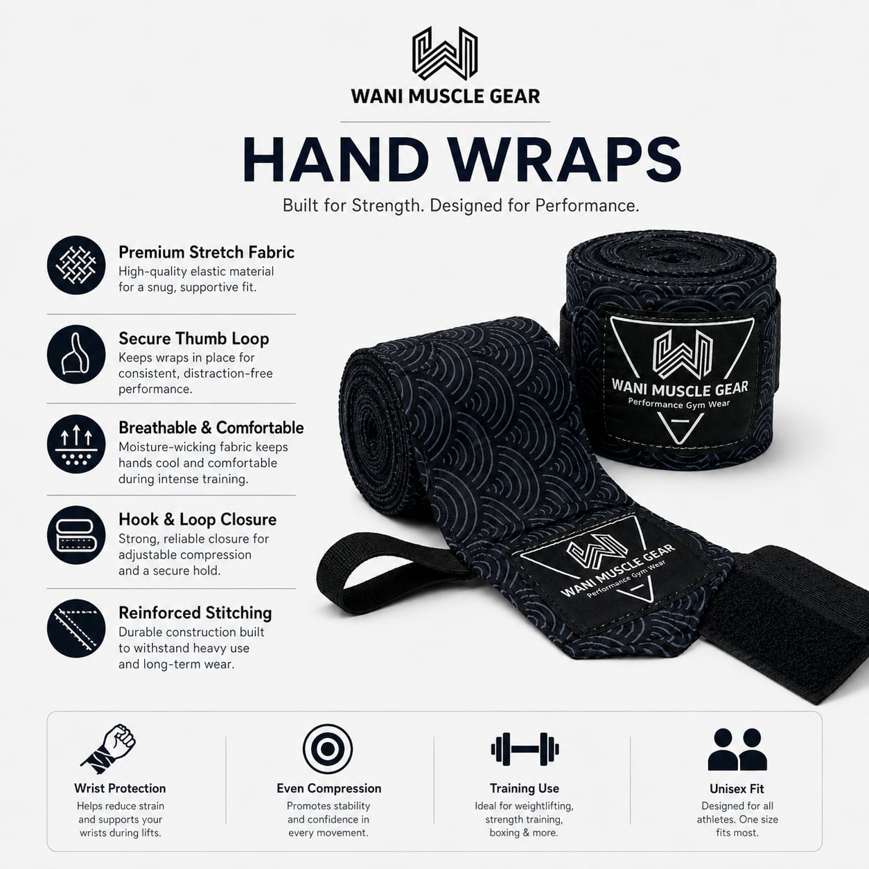 Wholesale Boxing Hand Wraps – Custom Mexican Style Hand Wraps | Wani Wear Wani Muscle Gear boxing hand wraps wholesale infographic showing premium stretch fabric, secure thumb loop, moisture-wicking material, hook and loop closure, and reinforced stitching