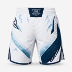 Wani Muscle Gear Arctic Dragon MMA fight shorts front view, white and navy sublimated dragon scale print