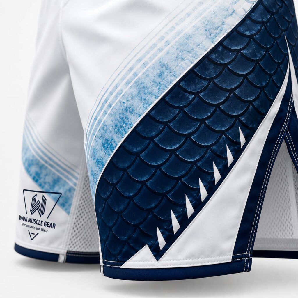 Sublimated dragon scale print on MMA shorts side panel with mesh ventilation