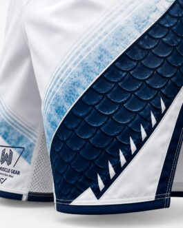 Sublimated dragon scale print on MMA shorts side panel with mesh ventilation