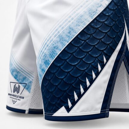 Sublimated dragon scale print on MMA shorts side panel with mesh ventilation