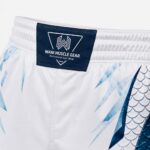 Wani Muscle Gear waistband label close-up on custom boxing shorts