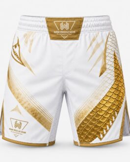Home Wani Muscle Gear Golden Dragon MMA fight shorts back view, white and gold design