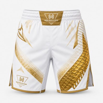 Wani Muscle Gear Golden Dragon MMA fight shorts back view, white and gold design