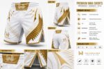 Wani Muscle Gear Golden Dragon MMA shorts specification infographic with sizing and features