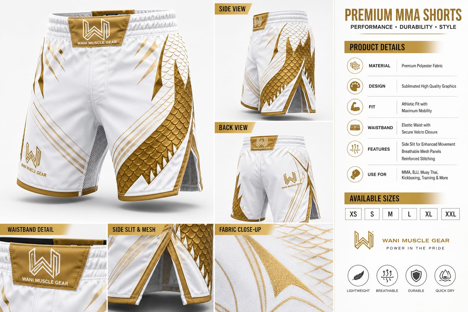 Golden Dragon Custom MMA Fight Shorts Wani Muscle Gear Golden Dragon MMA shorts specification infographic with sizing and features