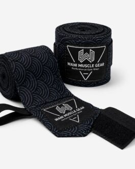Home Pair of black and blue Wani Muscle Gear boxing hand wraps rolled and ready for wholesale export