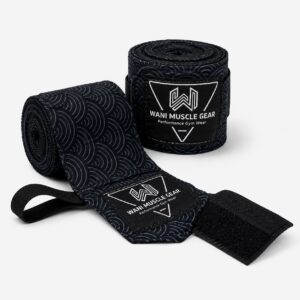Home Pair of black and blue Wani Muscle Gear boxing hand wraps rolled and ready for wholesale export