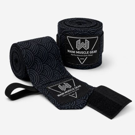 Home Pair of black and blue Wani Muscle Gear boxing hand wraps rolled and ready for wholesale export