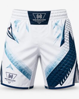 Wani Muscle Gear Arctic Dragon MMA fight shorts front view, white and navy sublimated dragon scale print