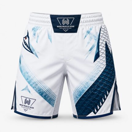 Wani Muscle Gear Arctic Dragon MMA fight shorts front view, white and navy sublimated dragon scale print