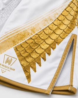 Gold dragon scale sublimation print close-up on custom MMA shorts leg panel Title: Golden Dragon MMA Shorts – Fabric Detail