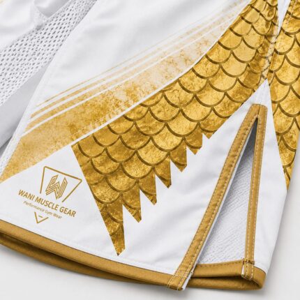 Gold dragon scale sublimation print close-up on custom MMA shorts leg panel Title: Golden Dragon MMA Shorts – Fabric Detail