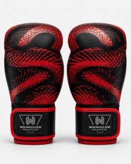 Pair of black and red PU leather boxing gloves facing forward on white background
