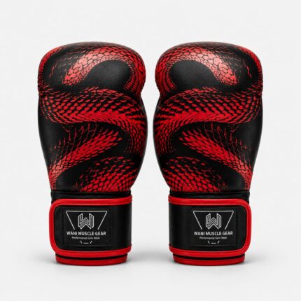 Pair of black and red PU leather boxing gloves facing forward on white background
