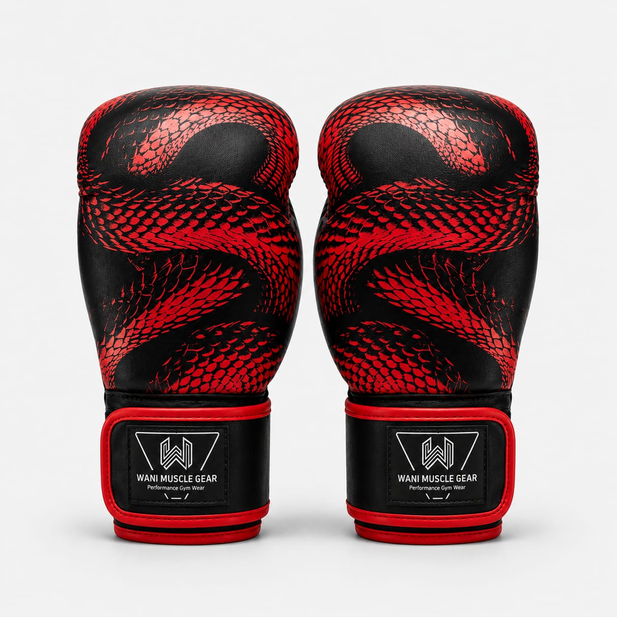 Wani Wear PU Leather Boxing Gloves – Dragon Scale Training & Sparring Gloves Pair of black and red PU leather boxing gloves facing forward on white background