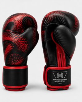 Home Black and red PU leather boxing gloves side view showing wrist strap and Wani Muscle Gear logo