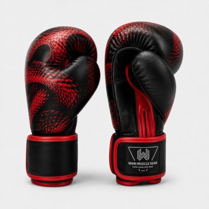 Black and red PU leather boxing gloves side view showing wrist strap and Wani Muscle Gear logo