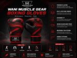 Wani Muscle Gear boxing gloves feature infographic showing PU leather, foam padding, and wrist strap details