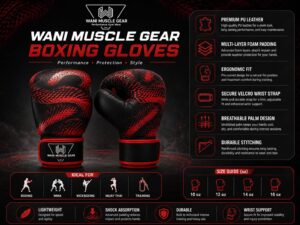 Wani Wear PU Leather Boxing Gloves – Dragon Scale Training & Sparring Gloves Wani Muscle Gear boxing gloves feature infographic showing PU leather, foam padding, and wrist strap details