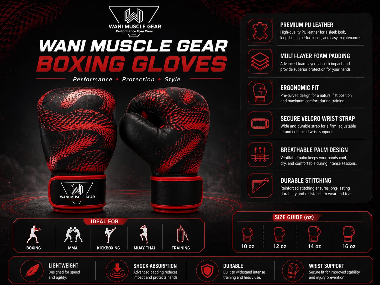 Wani Wear PU Leather Boxing Gloves – Dragon Scale Training & Sparring Gloves Wani Muscle Gear boxing gloves feature infographic showing PU leather, foam padding, and wrist strap details