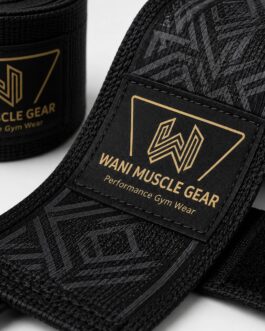 Wani Muscle Gear Black Hand Wrap Close-Up – Gold Logo Patch and Geometric Weave