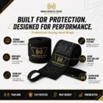 Wani Muscle Gear black boxing hand wraps infographic showing premium stretch fabric, thumb loop, hook-and-loop closure, and custom branding