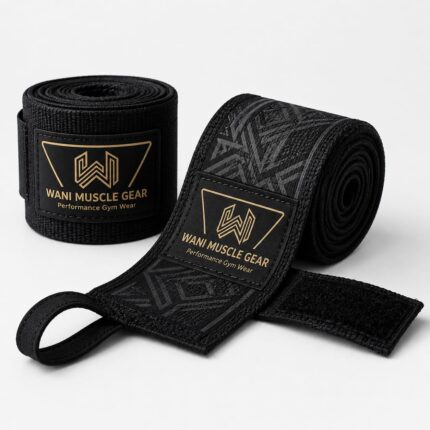 Wani Muscle Gear black and gold boxing hand wraps, one rolled and one unrolled showing thumb loop and hook-and-loop closure