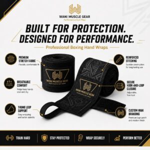 Wani Muscle Gear Premium Black Boxing Hand Wraps 180 Inch – MMA & Muay Thai Wrist Wraps Wani Muscle Gear black boxing hand wraps infographic showing premium stretch fabric, thumb loop, hook-and-loop closure, and custom branding