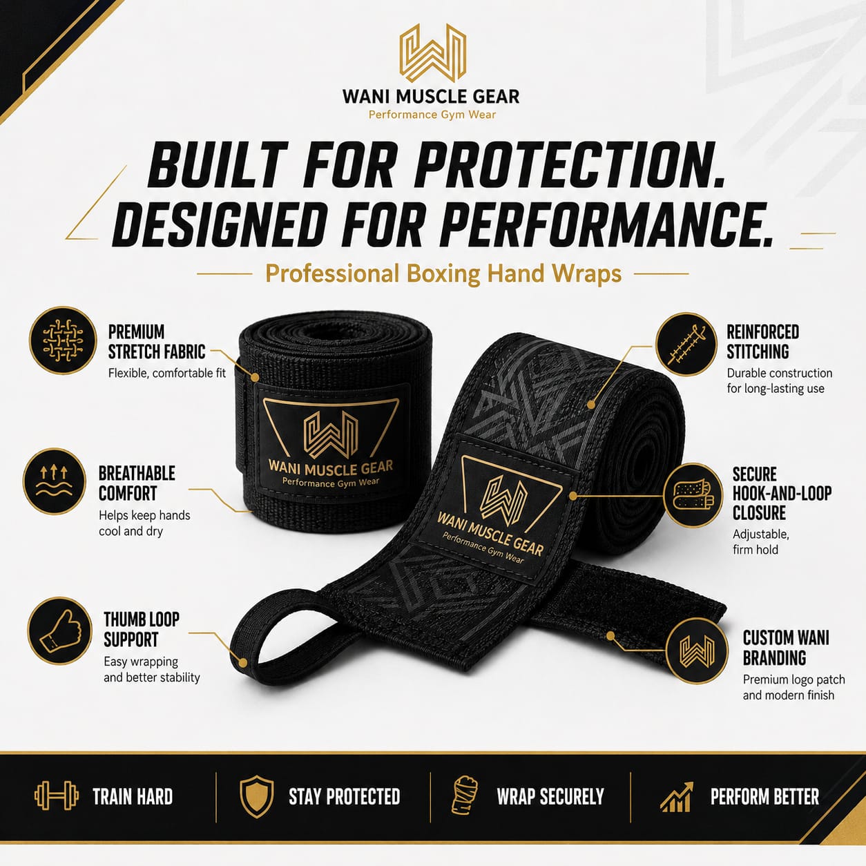 Wani Muscle Gear Premium Black Boxing Hand Wraps 180 Inch – MMA & Muay Thai Wrist Wraps Wani Muscle Gear black boxing hand wraps infographic showing premium stretch fabric, thumb loop, hook-and-loop closure, and custom branding