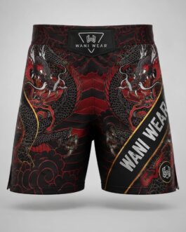 Home Front view of custom MMA fight shorts with matching dragon sublimation print in black, red, and gold by Wani Wear