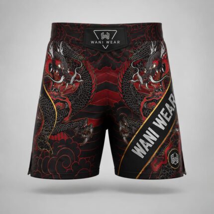 Home Front view of custom MMA fight shorts with matching dragon sublimation print in black, red, and gold by Wani Wear