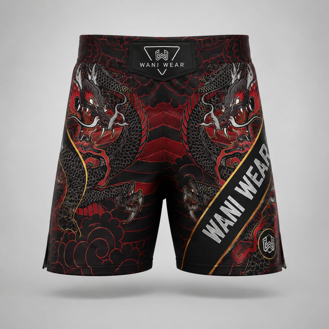 MMA Fight Shorts Wholesale – Custom Sublimated Dragon Print Fight Shorts (OEM/ODM) Front view of custom MMA fight shorts with matching dragon sublimation print in black, red, and gold by Wani Wear