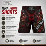 Custom sublimated MMA fight shorts back view with black and red dragon print, wide elastic waistband, and reinforced stitching by Wani Wear