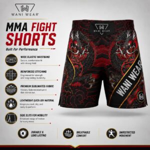 MMA Fight Shorts Wholesale – Custom Sublimated Dragon Print Fight Shorts (OEM/ODM) Custom sublimated MMA fight shorts back view with black and red dragon print, wide elastic waistband, and reinforced stitching by Wani Wear