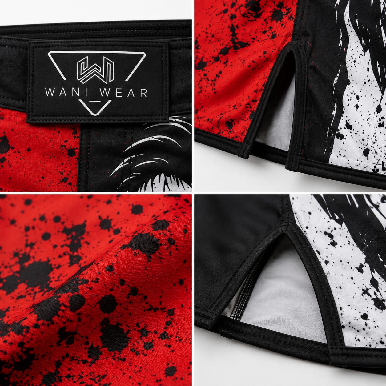 MMA Fight Shorts Wholesale – Custom Sublimated Boxing & Grappling Shorts (OEM/ODM) Close-up details of Wani Wear fight shorts showing branded waistband patch, side slit stitching, and sublimated fabric texture
