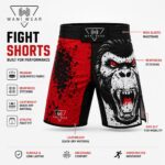 Back view of custom MMA fight shorts with roaring gorilla sublimation print in red, black, and white by Wani Wear