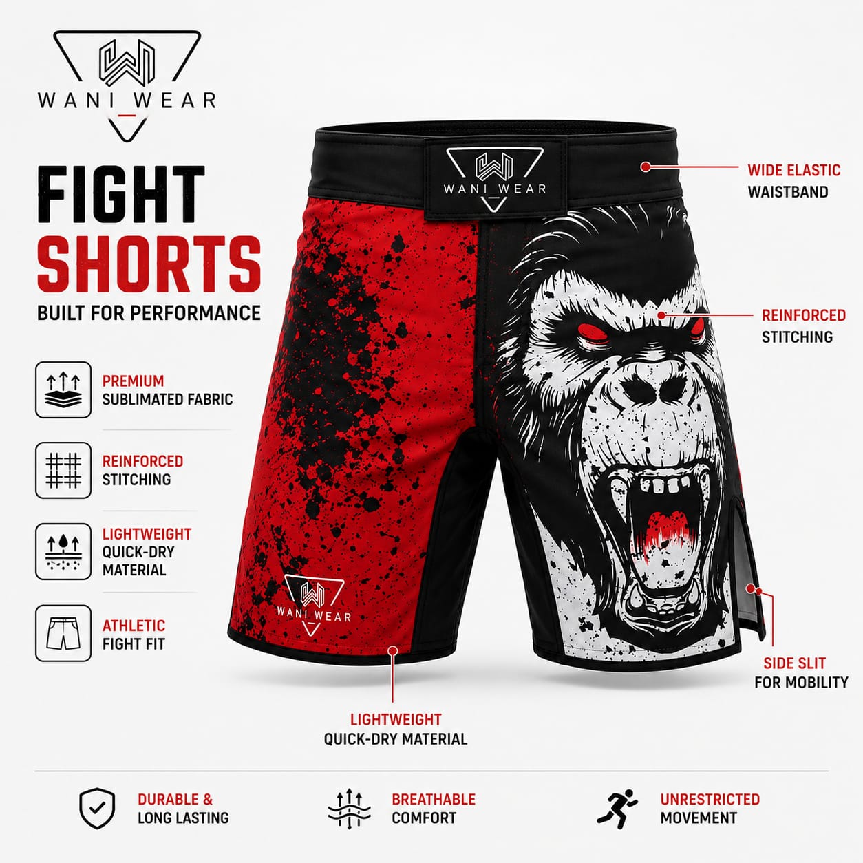 MMA Fight Shorts Wholesale – Custom Sublimated Boxing & Grappling Shorts (OEM/ODM) Back view of custom MMA fight shorts with roaring gorilla sublimation print in red, black, and white by Wani Wear