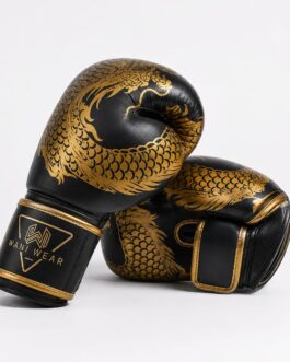 Home Custom Wani Wear boxing gloves dragon design close-up — synthetic leather texture, gold trim stitching, wrist logo detail