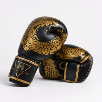 Home Custom Wani Wear boxing gloves dragon design close-up — synthetic leather texture, gold trim stitching, wrist logo detail