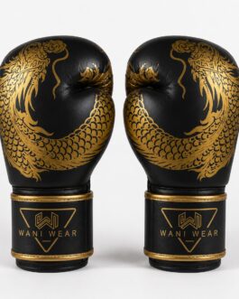 Black and gold custom boxing gloves with dragon print — Wani Wear wholesale competition gloves