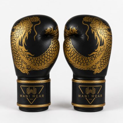 Home Black and gold custom boxing gloves with dragon print — Wani Wear wholesale competition gloves