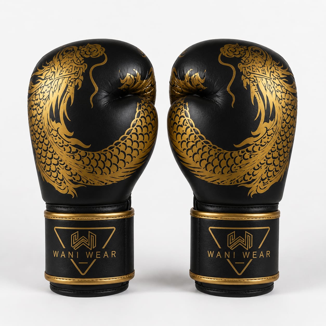 Wani Wear – Dragon Series Competition Boxing Gloves Black and gold custom boxing gloves with dragon print — Wani Wear wholesale competition gloves