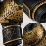 Custom Wani Wear boxing gloves dragon design close-up — synthetic leather texture, gold trim stitching, wrist logo detail