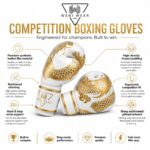 Wani Wear white gold boxing gloves features infographic — padding, stitching, wrist support, sublimated design