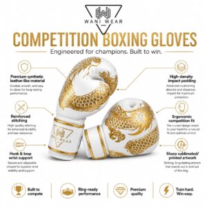 Wani Wear – Dragon Series Boxing Gloves (White & Gold Edition) Wani Wear white gold boxing gloves features infographic — padding, stitching, wrist support, sublimated design