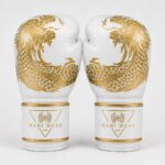 White and gold Wani Wear boxing gloves front view with dragon logo branding