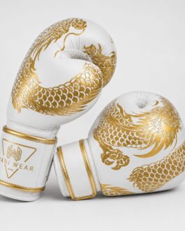 White and gold boxing gloves with dragon design — Wani Wear wholesale competition gloves